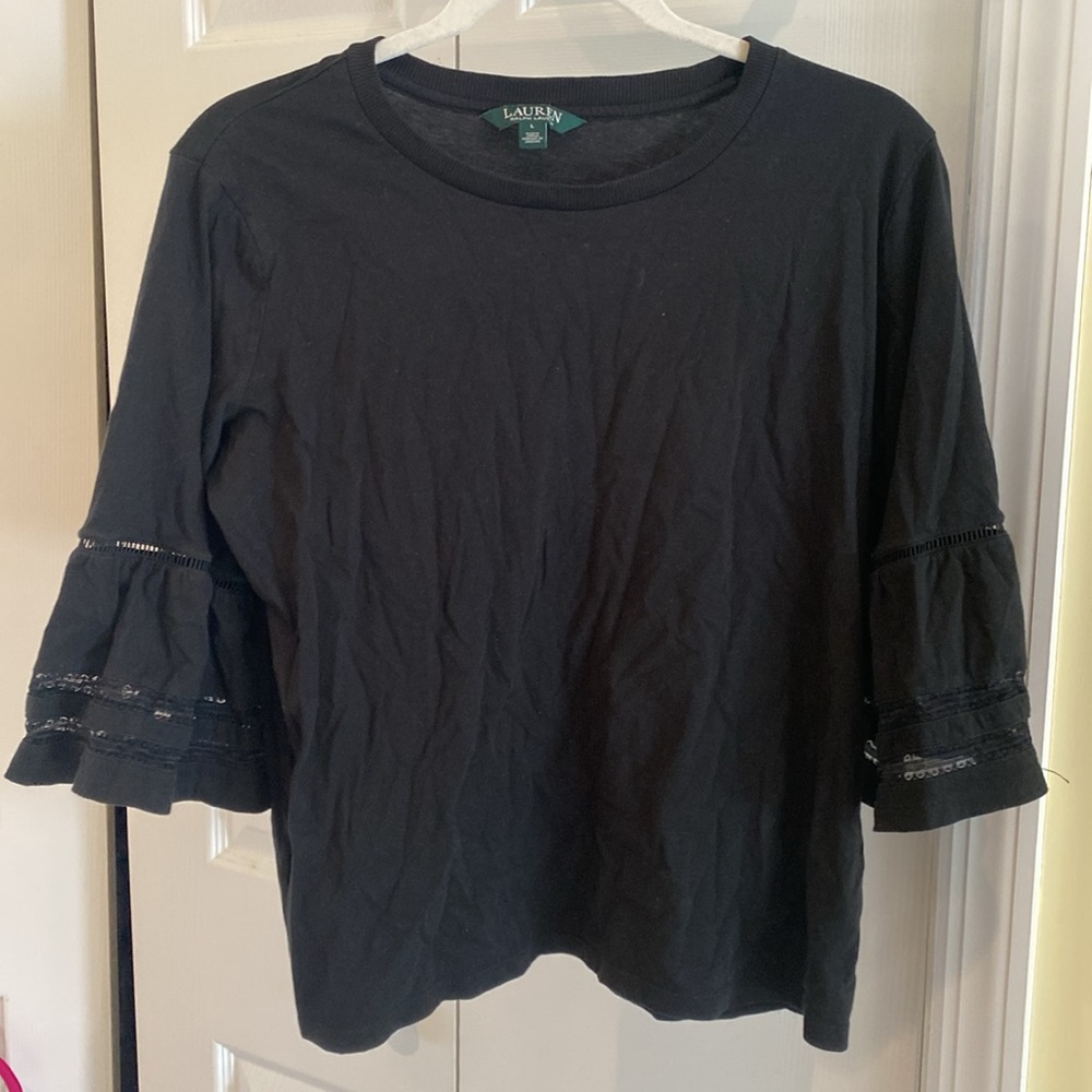 Lauren Ralph Lauren-Bateau Neck Embellished Bell Sleeve Top, Black, Size L